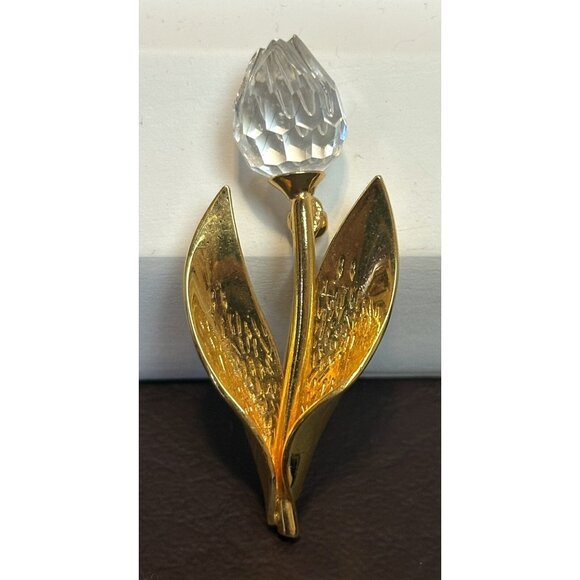 SWAROVSKI SIGNED SWAN VINTAGE CRYSTAL GOLD TONE PIN BROOCH TULIP FLOWER - Picture 1 of 7